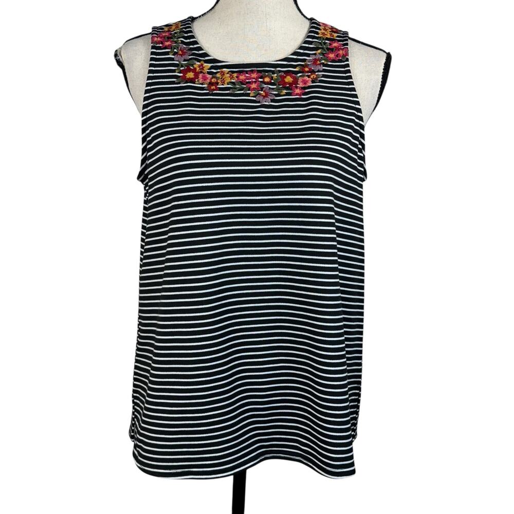 Savanna Jane Medium Top Floral Embroidered Striped Stretch Sleeveless Keyhole